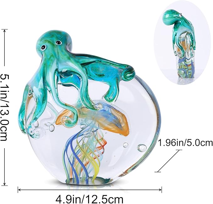 LCCCK Glass Octopus Jellyfish Statue Home Decor, Hand Blown Glass Decor Ocean Figurines Octopus Sculpture, Murano Art Office Desk Paperweights Fish Tank Aquarium Sea Animals Christmas Birthday Gift