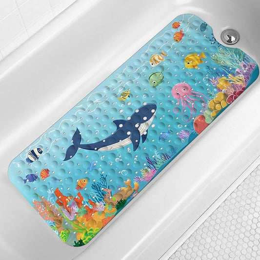 LNOND Bath Mat for Tub for Kids, Toddler Bathtub mat Non Slip, Sharks Fish Kids Bath Mats for Bathroom Non Slip with Drain Holes and Suction Cups,Machine Washable (40 X 16 Inch)