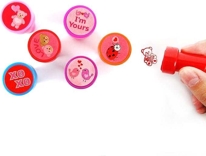 TINYMILLS Valentine’s Day Stampers for Kids 24 Pack – Cute Self-Inking Valentine Stampers for Classroom Exchange, Party Favors, Goody Bag & Treat Bag Fillers, Valentine Party Supplies