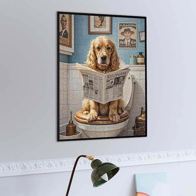 Funny Wooden Puzzle - Goldendoodle on Toilet Reading Newspaper Puzzle for Adult 500 Piece，Wooden Jigsaw Puzzles Art Leisure Game Fun Suitable Family Friends Educational Learning Games Gift