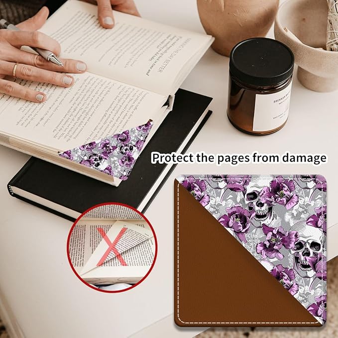 Cute Leather Bookmarks, Fun Triangle Making Corner Bookmark, Book Accessories for Reading Book Lovers, Unbreakable Page Markers for Women Men Cool Skull Flowers