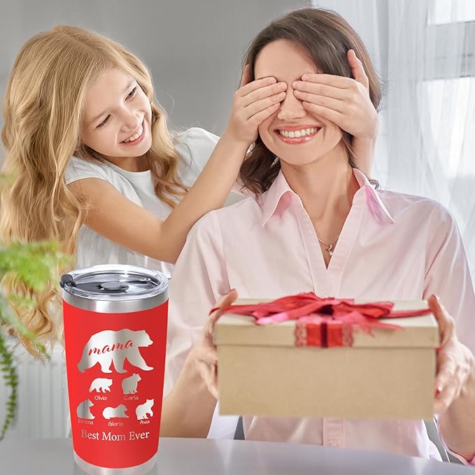 Personalized Tumbler with Mama Bear - Custom Coffee Mug Cup 20 Oz with Lid - Customized Christmas Gifts for Dad Mom - Birthday Gifts for Dad Mom (Mama/Papa-Bear)