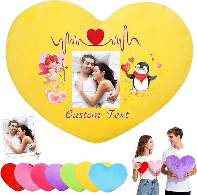 Custom Heart Pillow with Insert, Personalized Heart Shaped Pillows with Photo Name as Valentine Pillows for Hubsand Wife Home Decor Personalized Gifts for Valentines Day Anniversary
