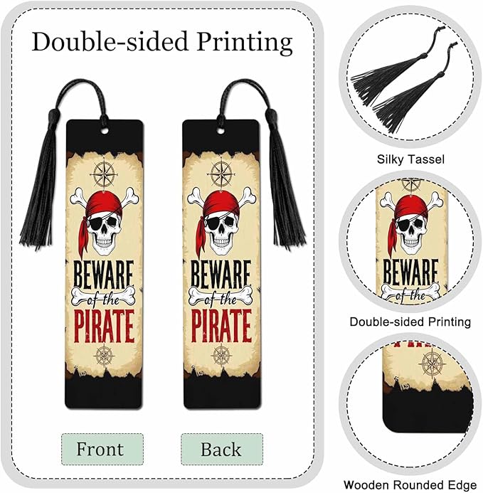 Beware Pirates Bookmarks 5 Pcs Halloween Compass Big Bone Skull Wooden Bookmark with Tassels for Reading Book Lovers Gift Office School Readers Teacher