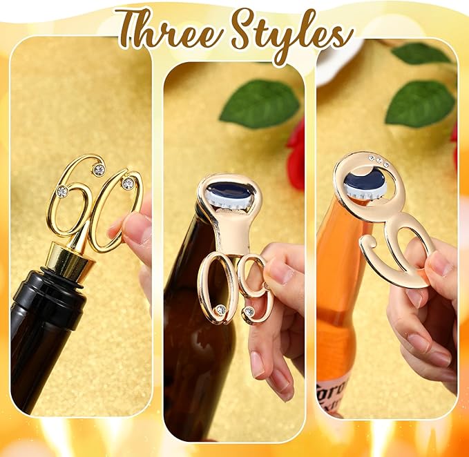 Hushee 30 Pcs 60th Birthday Party Favors for Guests Birthday Bottle Opener Golden Wine Stoppers with Rhinestones for Adults Women Wedding Party Anniversary Souvenirs Keepsakes