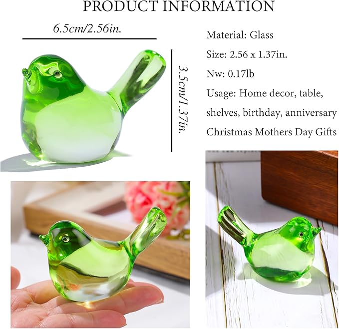 Ornalrist Crystal Green Birds Figurines Home Decor, Glass Art Birds Collectible Figurines Paperweights Crystal Decor Gifts for Women Mom Friends (Green)