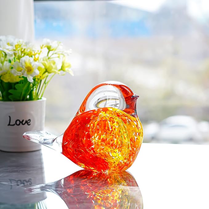 QFkris 7inch Blown Glass Bird Figurine Collectibles Handcrafted Bird Paper Weight Glass Art Animal Sculpture Home Decoration Tabletop Centerpiece