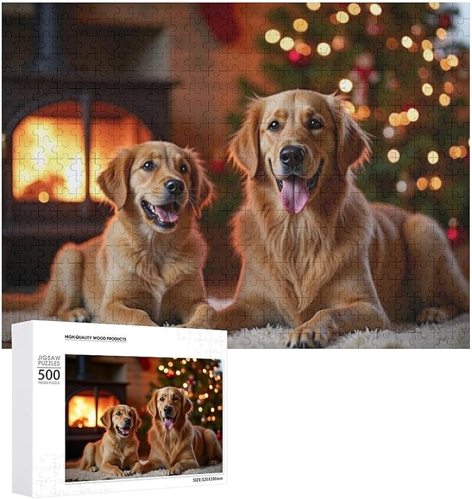 Wooden Puzzle - Golden Retriever in The Christmas House Jigsaw Puzzles，Wooden Puzzles for Adults 500 Pieces Challenge Puzzles，Educational Games，Family Puzzles，Unique Gifts for Wall Art