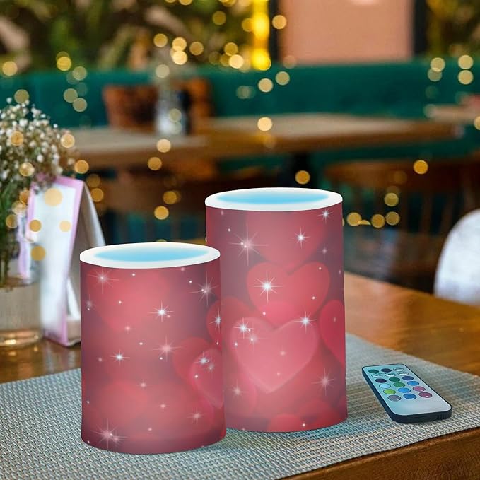 ALAZA Valentines Day Glitter Red Hearts Flickering Flameless Candles Battery Operated with Remote Timer,Tea Light Candles LED Pillar Votive Candles Set of 2 for Outdoor Indoor Decorations