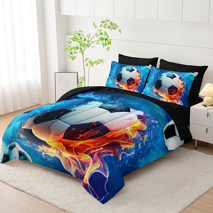 AILONEN Kids Soccer Comforter Set Twin Size,7-Piece Soft Bed in a Bag,Ice and Fire Sport Boys Soccer Comforter & Fitted Sheet with Flat Sheet & 2 Pillowcases,2 Pillow Shams for Bedroom