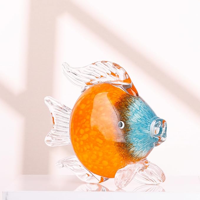 LCCCK Large Glass Fish Figurines Hand Blown Glass Fish Statue and Sculpture Home Decor, Murano Animal Tropical Sea Glass Paperweights for Desk, Glass Aquarium Coastal Beach Decorative (Orange)