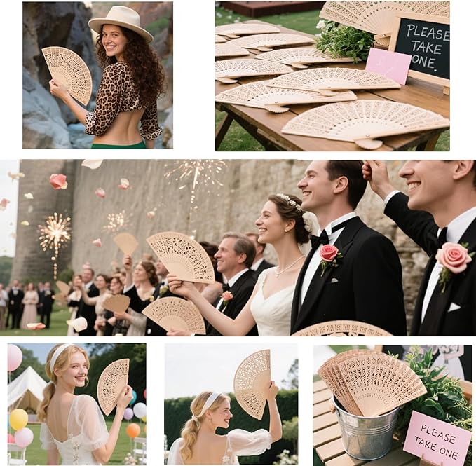 Wobe 60 Pack Sandalwood Fans Wedding Favors, Hand Held Folding Fans Wooden Openwork Personal Handheld Folding Fans for Wedding Party, Home Decorations Birthday Gift