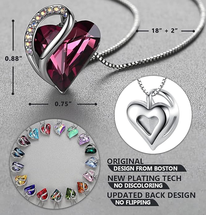Leafael Valentine's Day Gift Necklaces for Women, Infinity Love Birthstone Heart Crystal Pendant, Birthday Anniversary Jewelry for Wife, Mom, and Her, Silver Plated, 18" + 2" Adjustable Chain