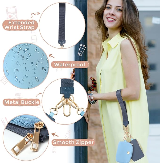 Dual Pouch Wristlet Keychain Wallets for Women with 2 Detachable Zipper Coin Purse - Small and Portable Mini Card Wallet for Women Men Gold Hardware Navy+Sky Blue