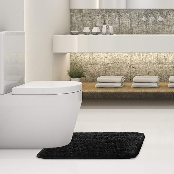 Suchtale Non Slip Bath Mat, Water Absorbent Soft Microfiber Shaggy Bath Mat, Machine Washable Thick Plush U Shape Toilet Rug (20 x 24, Black)