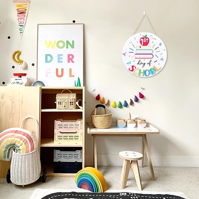 CHDITB First Day of School Sign Back to School Wooden Hanging Sign, Colorful Welcome School Party Outdoor Deco for Classroom Decorations Round 3D Book Wooden Plaque for Classroom Nursery Decor