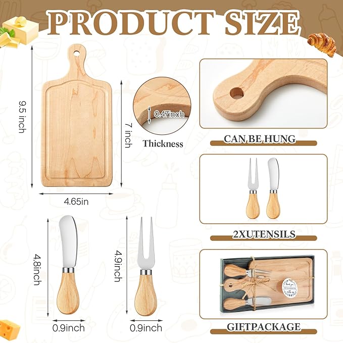 1 Set Bridal Baby Shower Cheese Prizes Wooden Square Board Gift Set Knives Forks Thank You Tags with Box for Guests for Valentines Bridal Baby Shower Housewarming (Maple Wood)