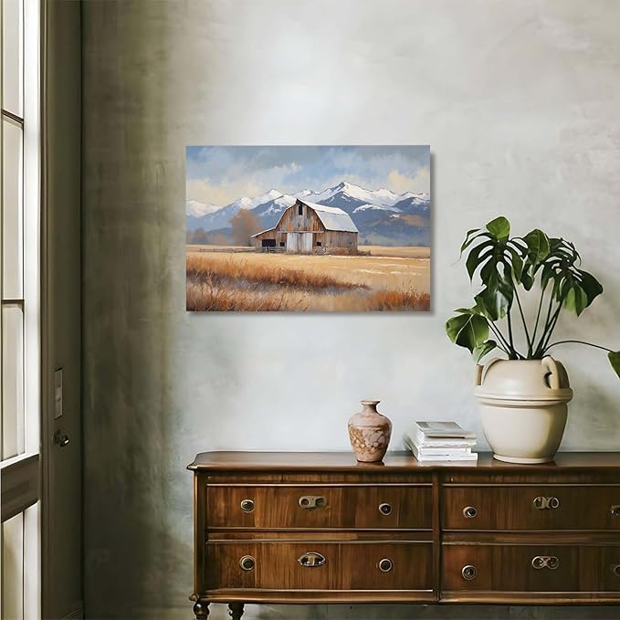 Mountain snow barn murals rural farm natural scenery Thanksgiving decorative paintings suitable for home decoration bathroom bedroom living room decoration24x36in(60x90cm)- Unframed