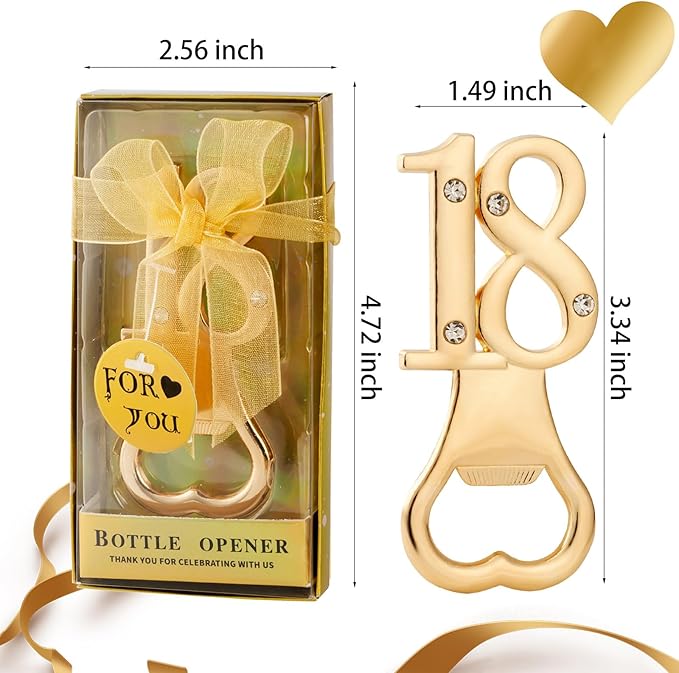 24 Packs of 18th Party Favors Bottle Openers for Birthday Anniversary and Wedding Guests Perfect Souvenirs with Gift Boxes and Decorations for Adults(Gold 18)