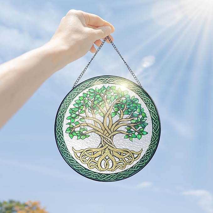 FLAGWIX Tree of Life Gifts for Women Men - Stained Glass Window Hanging 10 in - Birthday Gifts for Mom Grandma, Tree of Life Decorations Indoor, Celtic Suncatchers Garden Decor