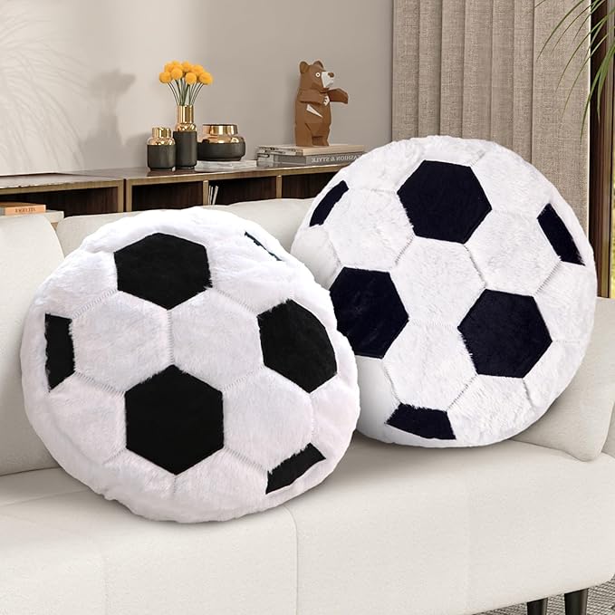 2 Pcs Soccer Pillow, Soft Fluffy Round Cushion Soccer Shaped Throw Pillows, Sports Theme Plush Pillow, Ideal Couch, Bedroom & Soccer Room Decor (15.8 Inch)