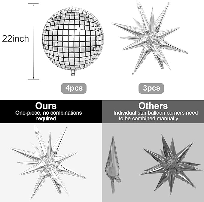 22 Inch Large 4D Metallic Silver Disco Ball Balloon with Explosion Star Foil Balloons for 70s 80s 90s Themed Party, Birthday, New Year, Graduation