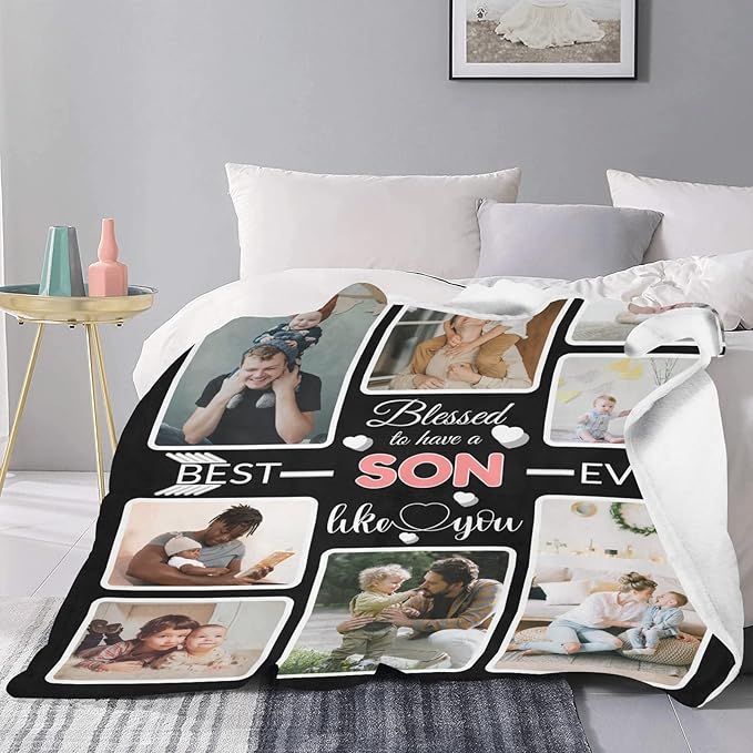 Custom Blanket Gifts for Son, Customized Blankets with Photos, Make a Personalized Bed Throws to My Son, Custom Souvenir Throw Blanket for Best Son Ever, 8 Collages Made in USA