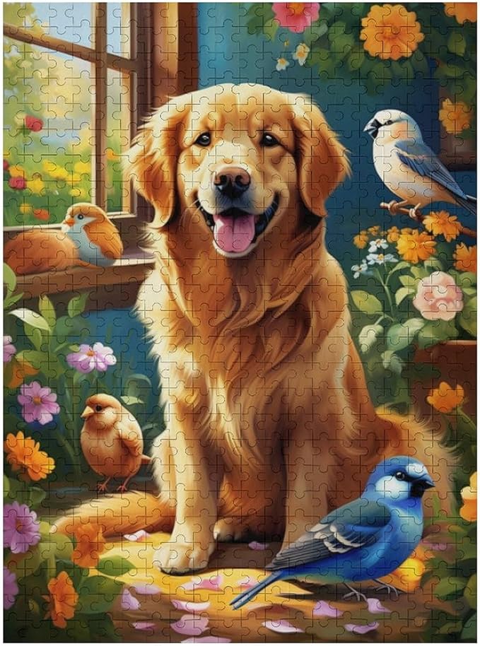 Wooden Puzzle - Garden Golden Retriever Jigsaw Puzzles，Wooden Puzzles for Adults 500 Pieces Challenge Puzzles，Educational Games，Family Puzzles，Unique Gifts for Wall Art
