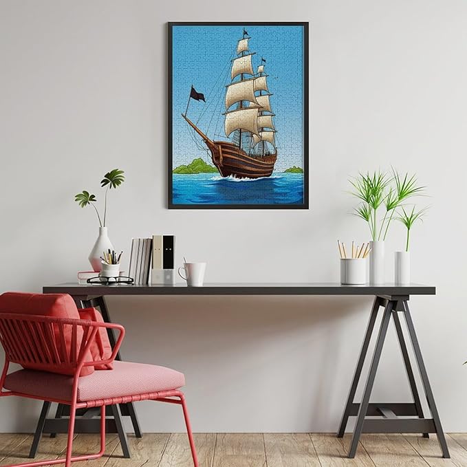 Puzzles for Adults 500 Pieces Wooden Jigsaw Puzzle - Sail Ship Pirate Sea Island Theme Puzzle，Party Games，Family Toys，Educational Puzzles，Stress Relief Wooden Puzzle，Gifts for Family and Friends