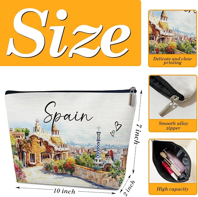 Spain Travelling Gift Makeup Bag, City Travel Cosmetic Bag for Purse, Watercolor Makeup Bags, Spain Souvenir, Trip Favors for Traveller Lovers, City Themed Organizer