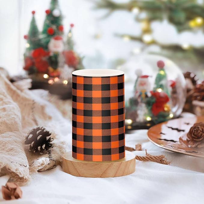 Halloween Black Orange Buffalo Plaid Check Flickering Flameless Candles Battery Operated with Remote Timer,Tea Light Candles LED Pillar Votive Candles Set of 2 for Outdoor Indoor Decorations
