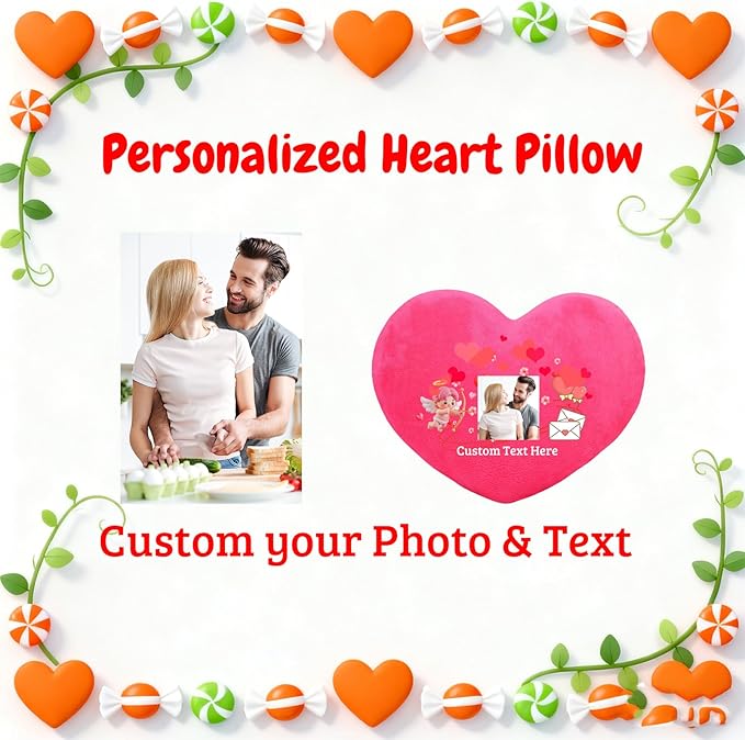 Custom Heart Pillow with Insert, Personalized Heart Shaped Pillow with Photo Text as Valentine Pillows for Girlfriend Boyfriend Home Decor Personalized Gifts for Valentines Day Anniversary