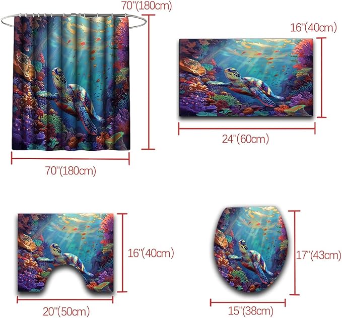 4 Pcs Ocean Themed Shower Curtain - Sea Turtle Shower Curtain Set Ocean Shower Curtain for Bathroom Sea Turtle Shower Curtain Set with Rug,Toilet Cover and Bath Mat with 12 Hooks