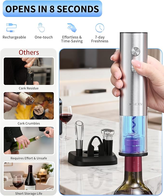 CIRCLE JOY Electric Wine Opener Stainless Steel Rechargeable Automatic Wine Bottle Opener Set 7-in-1 Top Gifts for Wine Lovers with Charging Base, Foil Cutter, Wine Aerator Pourer & 2 Vacuum Stoppers