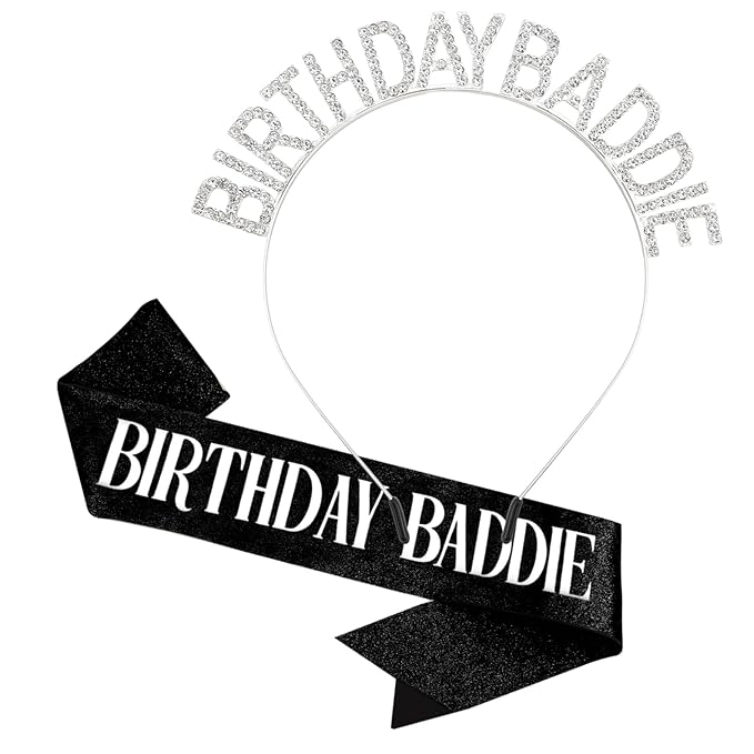 Canitor Birthday Baddie Sash Crown Set Birthday Gifts Party Favors Supplies Decorations & Accessories for Women Girl Adult Outfits Rhinestone Tiara Headband Soft Satin Sash