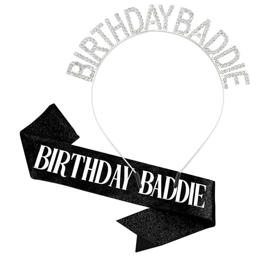 Canitor Birthday Baddie Sash Crown Set Birthday Gifts Party Favors Supplies Decorations & Accessories for Women Girl Adult Outfits Rhinestone Tiara Headband Soft Satin Sash