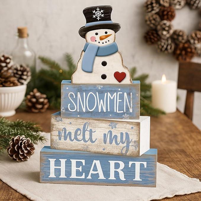 4 Pcs Winter Table Decorations Blue and White Snowman Decor Winter Tiered Tray Decor Christmas Table Centerpiece Rustic Decorative Snowmen Block Signs Gift Farmhouse for Home Kitchen Shelf