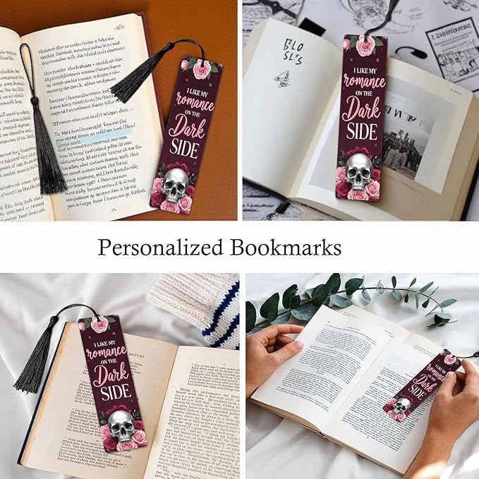 Romantic Skull Rose 5 Pcs Bookmarks Flower Halloween Valentine Dark Red Wooden Bookmarks with Tassel for Students Reader Teachers Book Lovers