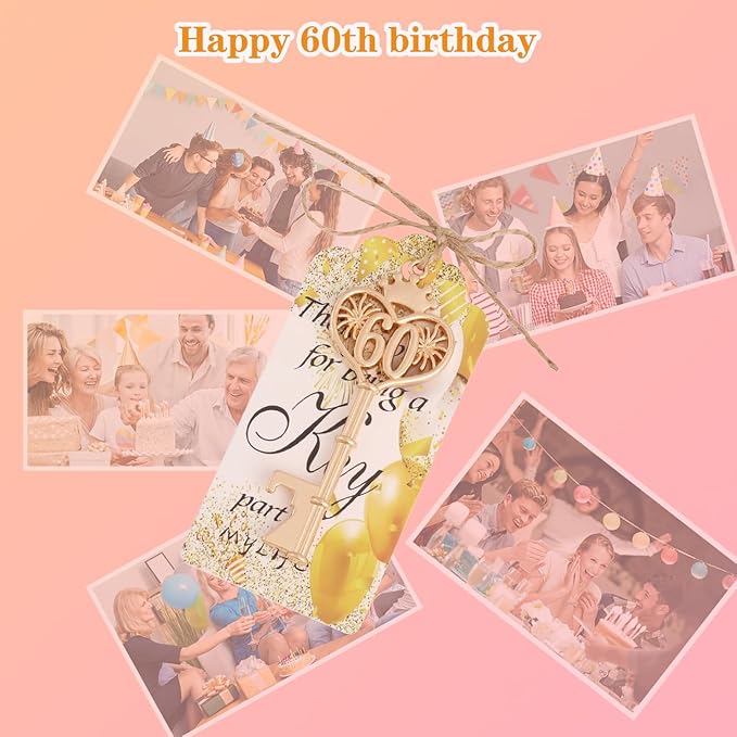 24 Sets 60 Birthday Party Favors Key Bottle Opener, 60th Beer Opener Keychain Favors for Guest with Organza Bags and Tags,Beer Keychain Bottle Openers for Birthday Party Decoration Supplies (gold-60)