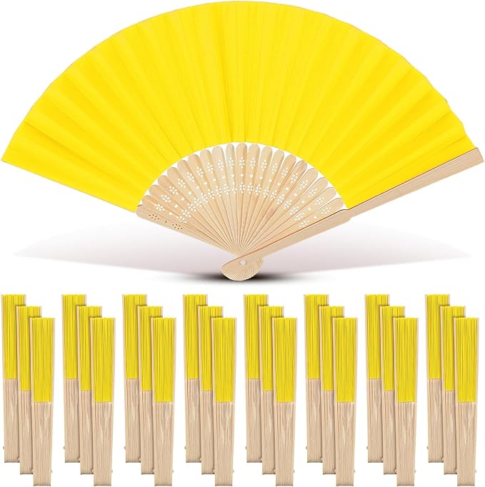 Yinkin 24 Pack Folding Fans Bamboo Handheld Folded Craft Hand Japanese Chinese Fans for Weddings Bridal Dancing Church DIY Decoration Women Gift Party Favors (Lemon Yellow)