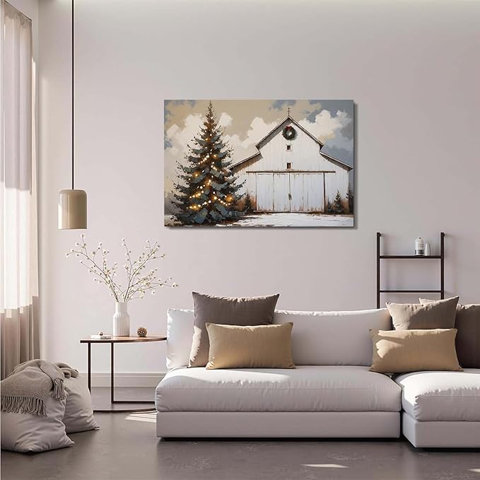 Winter Christmas tree abstract barn print nature country artwork home decor farmhouse canvas poster12x16in(30x40cm)- Unframed