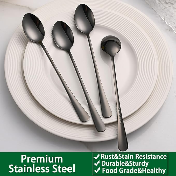 7.5 Inches Black Coffee Stirring Spoons Set,Set Of 8 Stanless Steel Iced Teaspoons,Long Handle Mixing Spoons For Cocktail And Sundae,Long Ice Cream Spoons