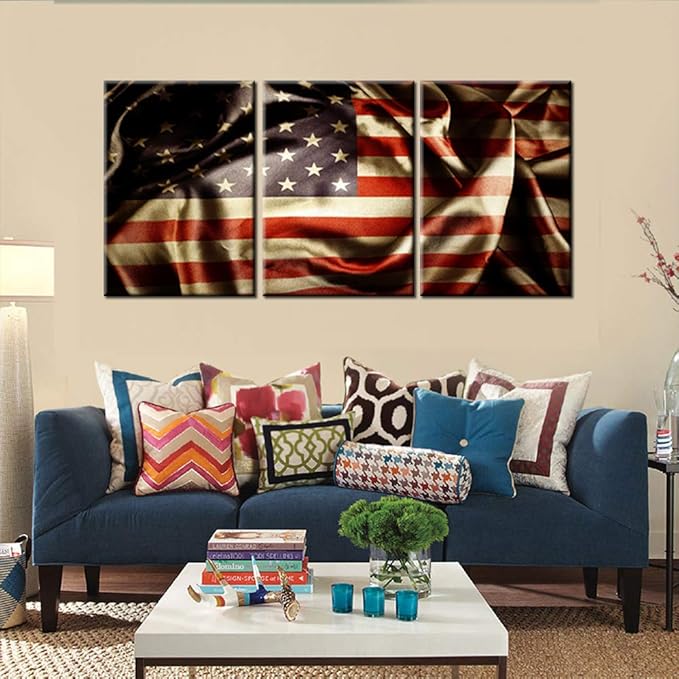 Vintage American Flag Red Pictures Patriotism Paintings Stars Stripes Artwork 3 Piece Canvas Wall Art for Living Room Giclee Home Decoration Wooen Framed Gallery-Wrapped Ready to Hang(60''Wx28''H)