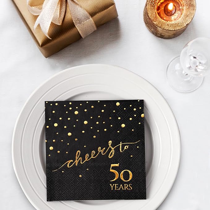 100 Pack of 50th Birthday Napkins, Cheers to 50 Cocktail 5x5 Inches Party Paper Napkins for Birthday Decorations Wedding Anniversary Black and Gold, 3-Ply