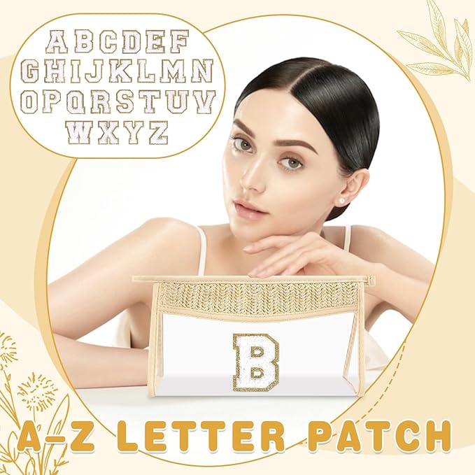 Personalized Initial Letter Bag Boho Straw Clear Makeup Bag,Small Cute Chenille Varsity Letter Bag With Zipper,Beach Travel Toiletry Bag,Portable Monogrammed Cosmetic Bag for Women Girls,B