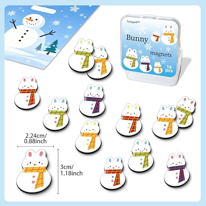 16 Pcs Christmas Fridge Magnets Snowman Bunny Pattern Refrigerator Magnets Strong Magnetic Cute Small Decorative Designs for Office, Kitchen, Home, School, Locker, Cabinet, Whiteboard & Gift
