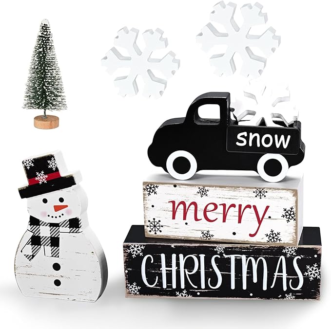 Yinhua Christmas Decorations Indoor, Christmas Table Decor, Black Truck Snowman Decorations with Xmas Tree & Snowflakes, Farmhouse Wooden Block Sign, Xmas Mantel Decor for Tiered Tray, Desk, Bookshelf