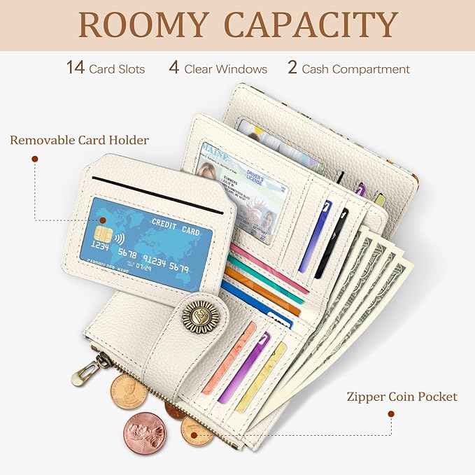 Mushroom Small Wallet Women RFID Blocking Bifold, Credit Card Holder, Zipper Coin Pocket, PU Leather, Compact, Travel, 4 ID Window, 14 Card Slots, Cash Purse, Ladies Woman Female Girls