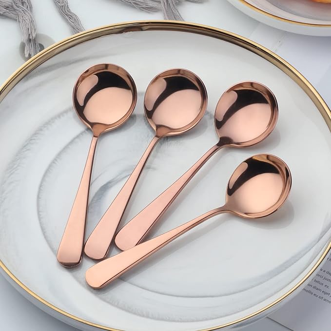 Buyer Star 8 Pieces Stainless Steel Round Soup Spoon, 6.6 Inch Mirror Polished Spoon Cutlery, Dishwasher Safe (Rose Gold)