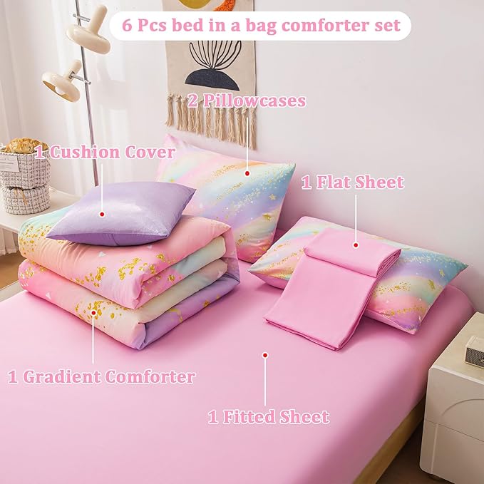 Rainbow Bedding Set Twin Size – 6-Piece Reversible Girls Comforter with Deep-Pocket Sheet, Gradient Galaxy Design, Whole-Piece Filling, Machine Washable Bed-in-a-Bag for Kids Room Makeover & Gifts